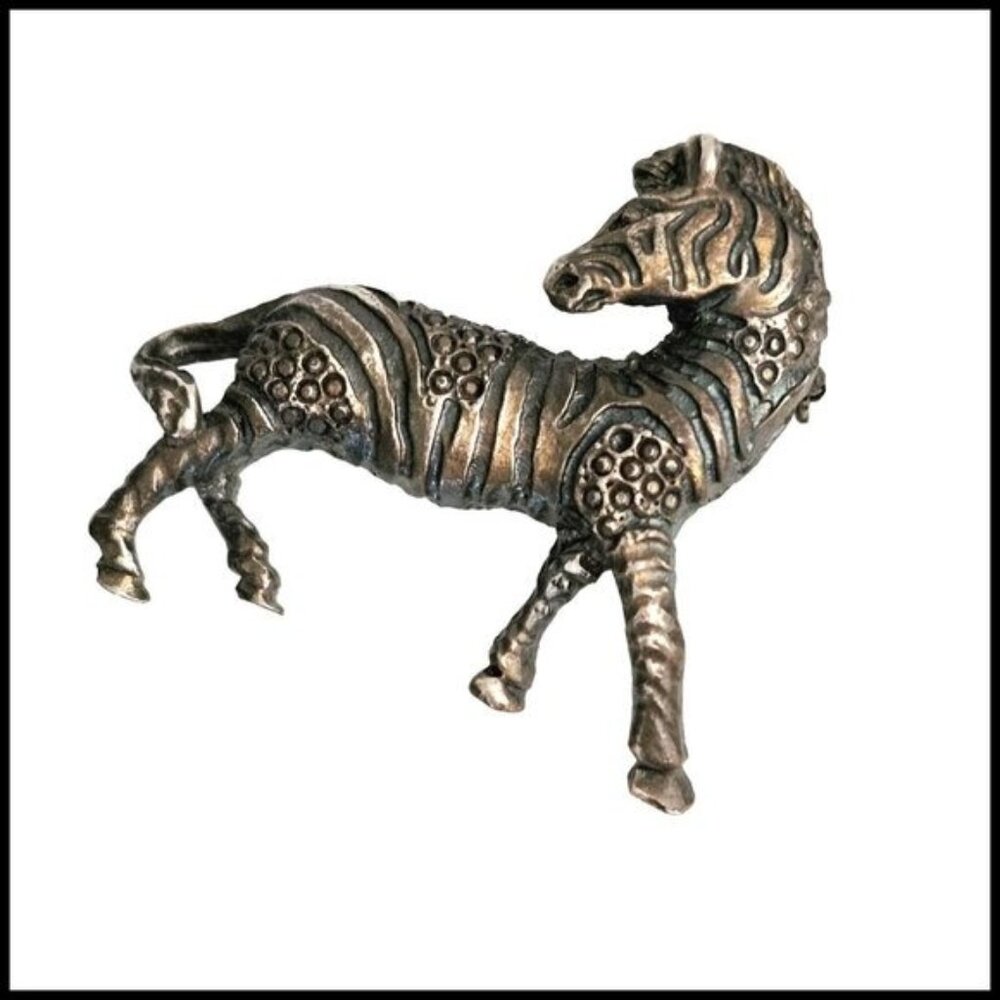 Vintage Zebra Silver Black Tone Pin Brooch Safari‎